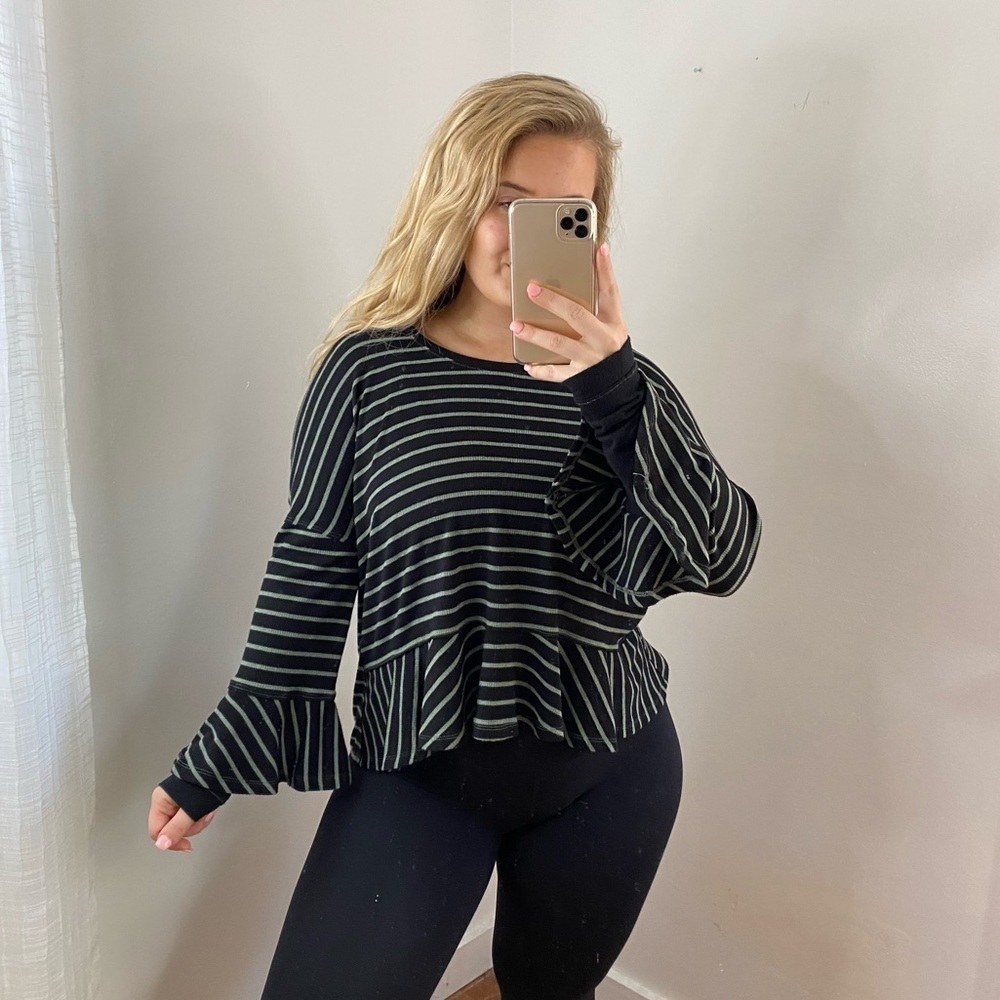 Free People Black Green Striped Loose Style Top size Small